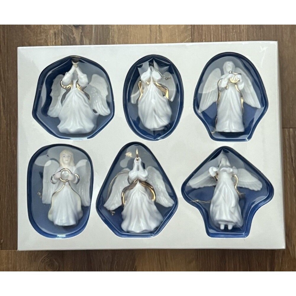 Vintage Holiday Accents Porcelain Angel Choir Ornaments w/Gold Accents BOX 6 Pc